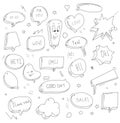 Vector hand drawn set of sketch speech bubbles clouds rounds hearts stars thought bubbles.