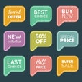 Vector hand drawn set of speech bubbles with sale phrases. Discount card collection, Buy Now,Half Price,Last Chance etc. Royalty Free Stock Photo