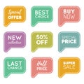 Vector hand drawn set of speech bubbles with sale phrases. Discount card collection, Buy Now,Half Price,Last Chance etc. Royalty Free Stock Photo