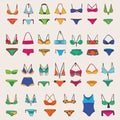 Vector hand drawn set with various women swimsuits. Bright colors and dark outline for different bikini collection. Fashion summer