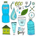 Vector hand drawn set of water and recycle icons. Healthy bright collection with water bottles. Drink more water concept