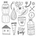 Vector hand drawn set of water and recycle icons. Healthy collection with water bottles. Drink more water concept
