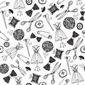 Vector hand drawn sewing seamless background, doodle handmade