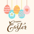 Vector hand drawn silhouette of Easter eggs and Happy easter lettering. Background with text message for banner, card Royalty Free Stock Photo