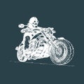 Vector hand drawn skeleton rider on motorcycle.Vintage eternal biker illustration for custom chopper garage, MC label. Royalty Free Stock Photo