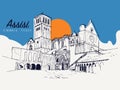 Drawing Sketch Illustration Of The Basilica Of San Francesco In Assisi, Italy