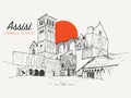 Drawing sketch illustration of the Basilica of San Francesco in Assisi, Italy