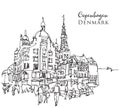 Hand drawn sketch illustration of Copenhagen, the capital city of Denmark