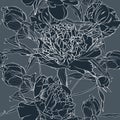 Vector hand drawn sketch illustration of dark blue peony flowers seamless pattern. Royalty Free Stock Photo