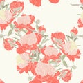 Vector hand drawn sketch illustration of orange peony flowers seamless pattern. Royalty Free Stock Photo