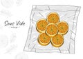Sketch illustration of a piece of orange in a vacuum bag isolated on a white background