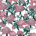 Vector hand drawn sketch illustration of pink peony flowers and leaves seamless pattern. Royalty Free Stock Photo
