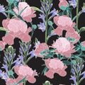 Vector hand drawn sketch illustration of pink peony and violet flowers seamless pattern. Royalty Free Stock Photo