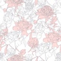 Vector hand drawn sketch illustration of pink, white peony flowers and leaves seamless pattern