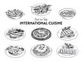 Vector hand drawn sketch international cuisine set