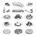 Vector hand drawn sketch restaurant desserts set