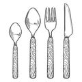 Vector Hand Drawn Sketch Set of Cutlery with Wooden Handles. Knife, Fork, Spoon, Tea-spoon Royalty Free Stock Photo