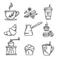 Vector hand drawn sketch style tea or coffee seamless pattern. Cups of tea or coffee, spices and coffee beans, , macaroons, cake, Royalty Free Stock Photo