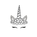 Vector hand drawn sketch unicorn face with flowers