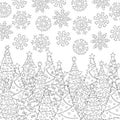 Vector hand drawn snowflakes, Christmas tree illustration for adult coloring book. Freehand sketch for adult anti stress