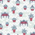 Vector Hand Drawn Succulents on Bricks seamless pattern background.