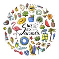 Vector hand drawn summer doodle circle composition with Sun Sea Summer lettering. Includes flamingo bird, surfboards, palmtree, Royalty Free Stock Photo