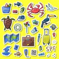 Vector hand drawn summer doodle color sticker set. Collection includes camera, money, card, turtle, map, passport, qr codeseagull Royalty Free Stock Photo