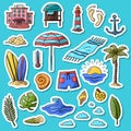 Vector hand drawn summer doodle color sticker set. Collection includes palm leaves, sunrise, wave, clouds, anchor Royalty Free Stock Photo