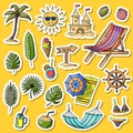 Vector hand drawn summer doodle color sticker set. Collection includes road sign, bikini, ship rudder, palm leaves and Royalty Free Stock Photo