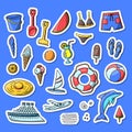 Vector hand drawn summer doodle color sticker set. Collection includes shell, swimming trunks, bikini, eskimo, beach Royalty Free Stock Photo