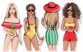 Vector hand drawn summer girls. Cute tanned Girlfriends in trendy outfit.