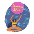 Vector hand drawn summer sale banner with a girl in yoga pose