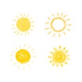 Vector Hand Drawn Sun Icons, Doodle Set, Isolated on White Background Yellow Drawings, Handdrawn Style Illustration. Royalty Free Stock Photo