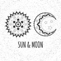 Vector hand drawn sun and moon on abstract dots background Royalty Free Stock Photo