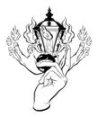 Vector hand drawn surreal illustration of melting hands, vintage lantern, woman hand with mouth. Royalty Free Stock Photo