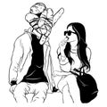 Vector hand drawn surrealistic illustration of young woman and man