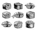 Vector hand drawn sushi set. Vintage sketch illustration. Royalty Free Stock Photo