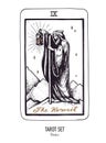 Vector hand drawn Tarot card deck. Major arcana the Hermit. Engraved vintage style. Occult, spiritual and alchemy