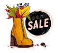Vector Hand Drawn Trendy Fashion Illustration With Sale Theme And Autumn / Spring Female Shoe Isolated On White Background.