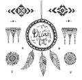 Vector Hand drawn tribal patterns with stroke, line, decorative elements, feathers, geometric symbols Aztec style.