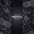 Vector hand drawn tropical frame with organic whole pineapple, slices pieces and half