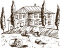 Vector hand drawn village houses sketch and nature Royalty Free Stock Photo