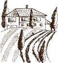 Vector hand drawn village houses sketch and nature Royalty Free Stock Photo