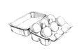 Vector hand-drawn vintage illustration of a cardboard box with six white eggs in the style of engraving. A sketch of a natural Royalty Free Stock Photo