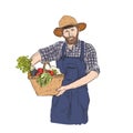 Vector Hand Drawn Vintage Style Farmer Holding Basket with Crop Vegetables and Fruits, Local Produce Natural Food Royalty Free Stock Photo