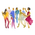 Vector hand drawn watercolor illustration. Dancing people. People shaped watercolor stains