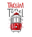 Vector hand drawn watercolor illustration with famous turkish tram