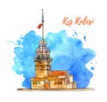 Vector hand drawn watercolor illustration of Istanbul landmark Maiden tower