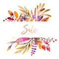 Vector hand drawn watercolor wreath of forest leaves, flowers, berries. Black friday discount. Autumn abstract branches