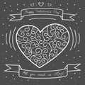 Vector hand drawn white heart on black, Valentines Day vector background.